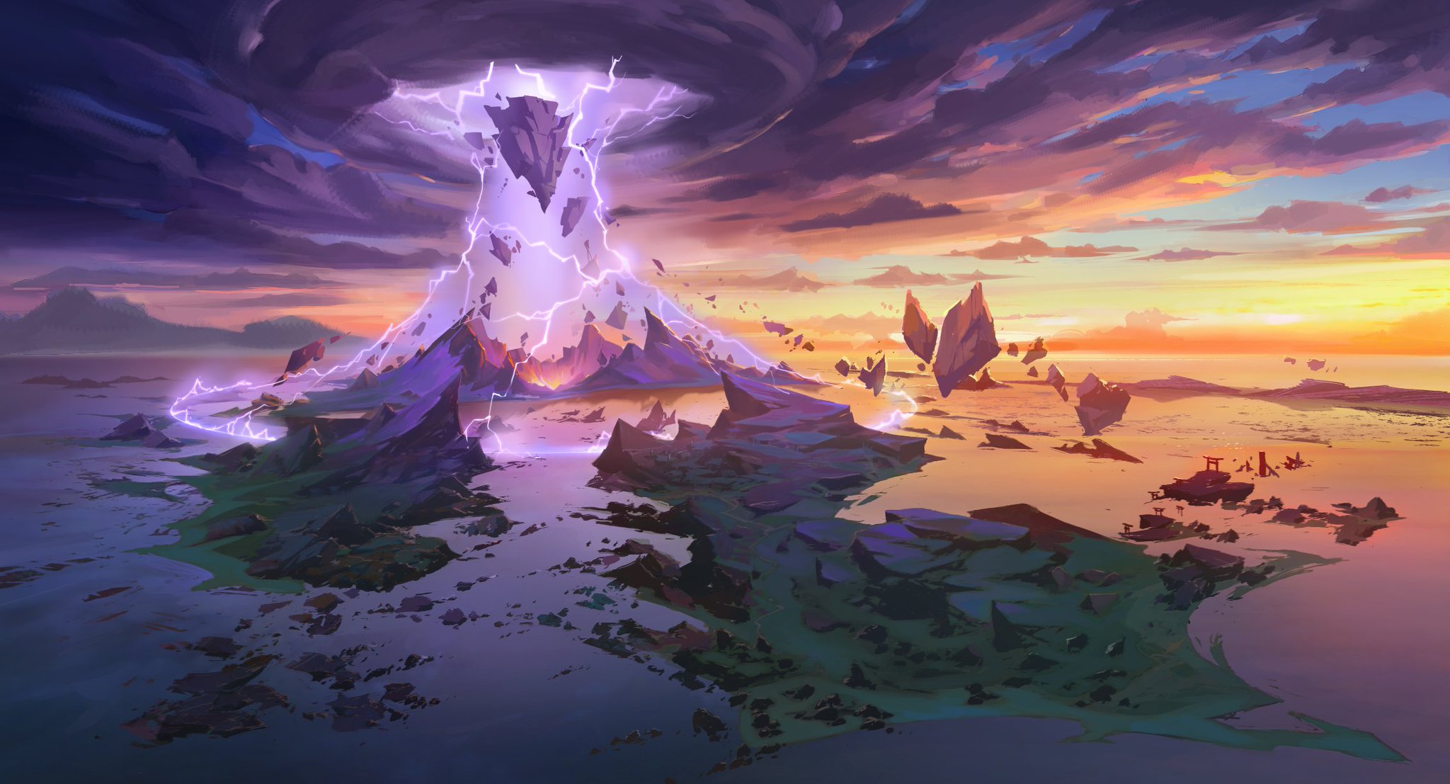 Inazuma Genshin Impact isola tramonto, miHoYo, 2048x1107 Hi-Res, PC