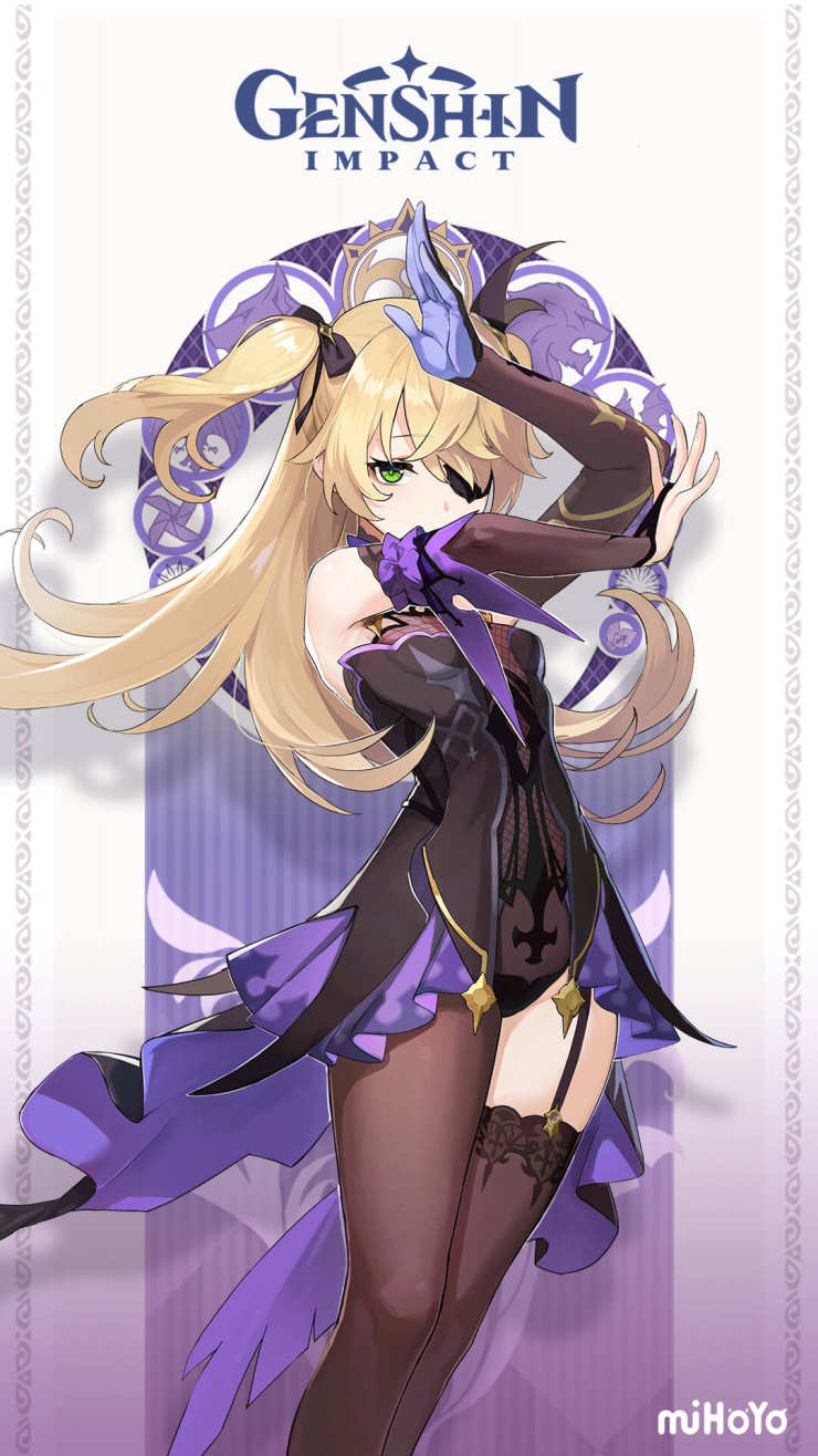 Genshin Impact personaggio biondo viola, 740x1316 Verticale, Mobile