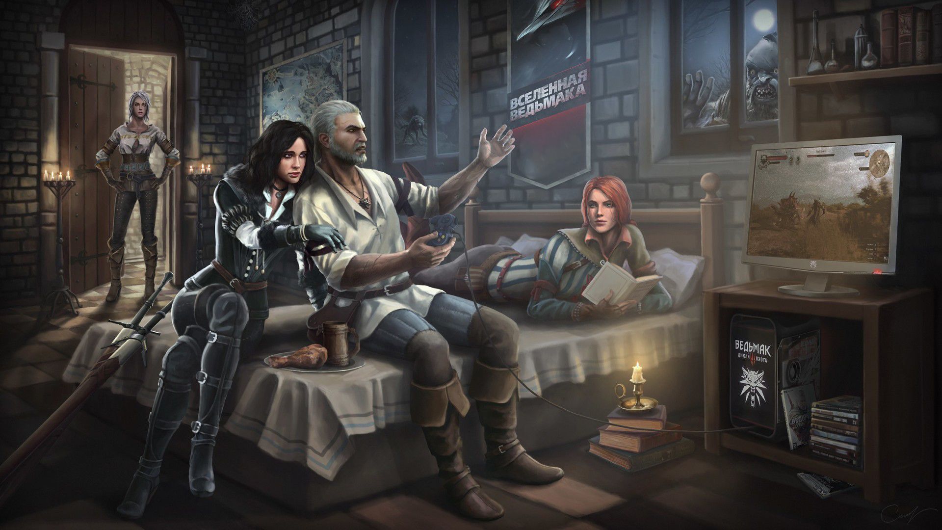 Geralt, Yennefer e Triss divano, 1920x1080 Full HD 1080p, Laptop