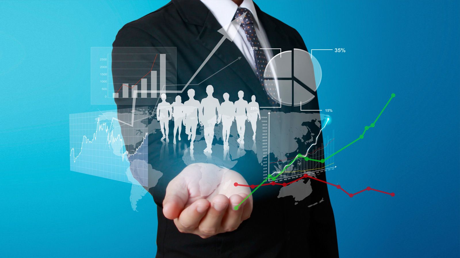 Uomo affari con grafici business, 1600x900 HD, Laptop