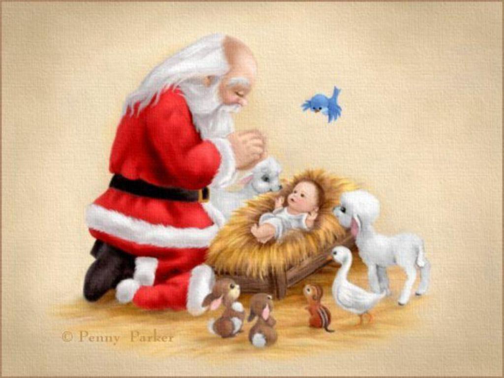 Babbo Natale inginocchiato Gesù Bambino, 1024x768 HD, Desktop