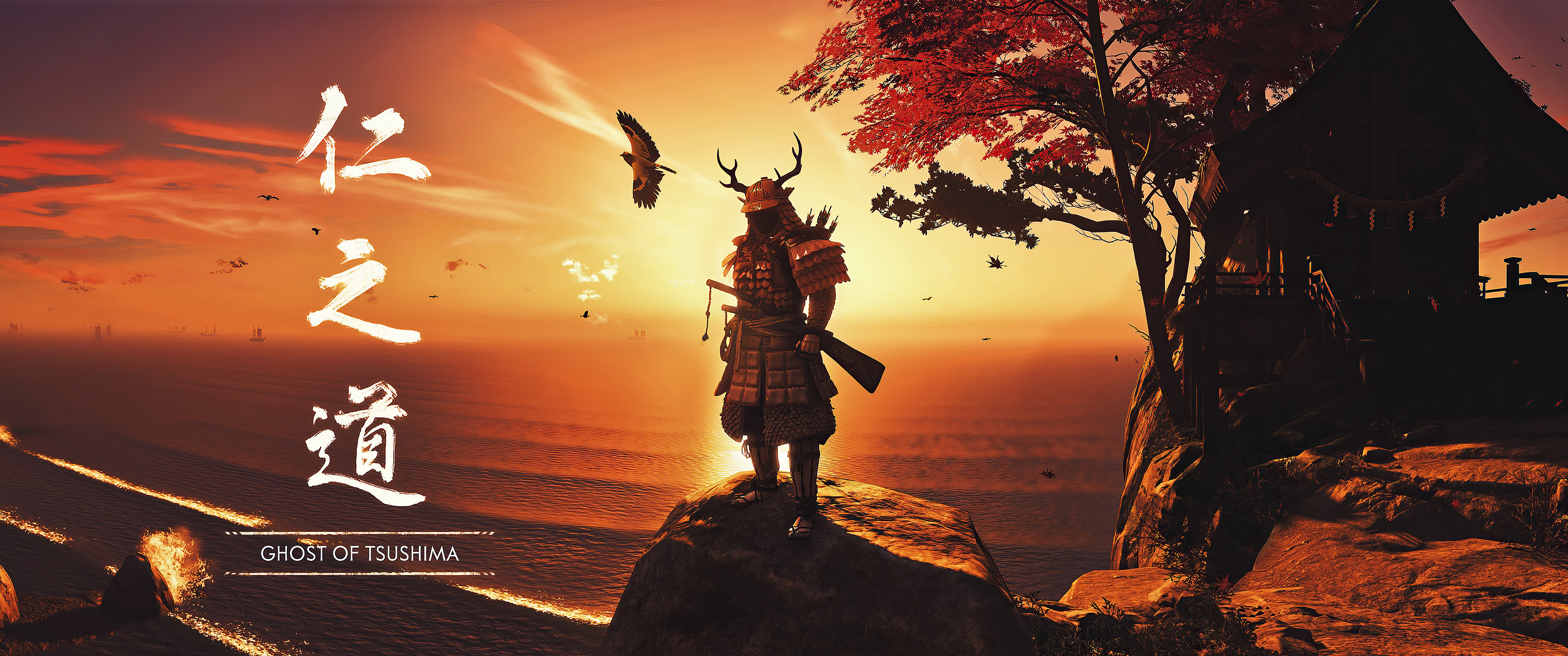 Samurai Ghost of Tsushima tramonto, 3840x1607 21:9, Ultrawide