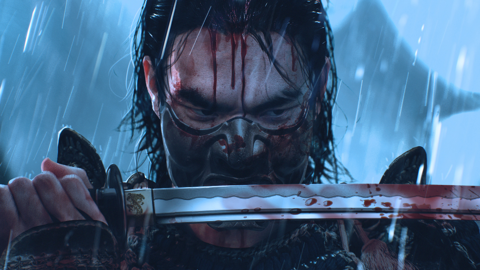 Samurai insanguinato sotto pioggia, 1920x1080 Full HD, PC