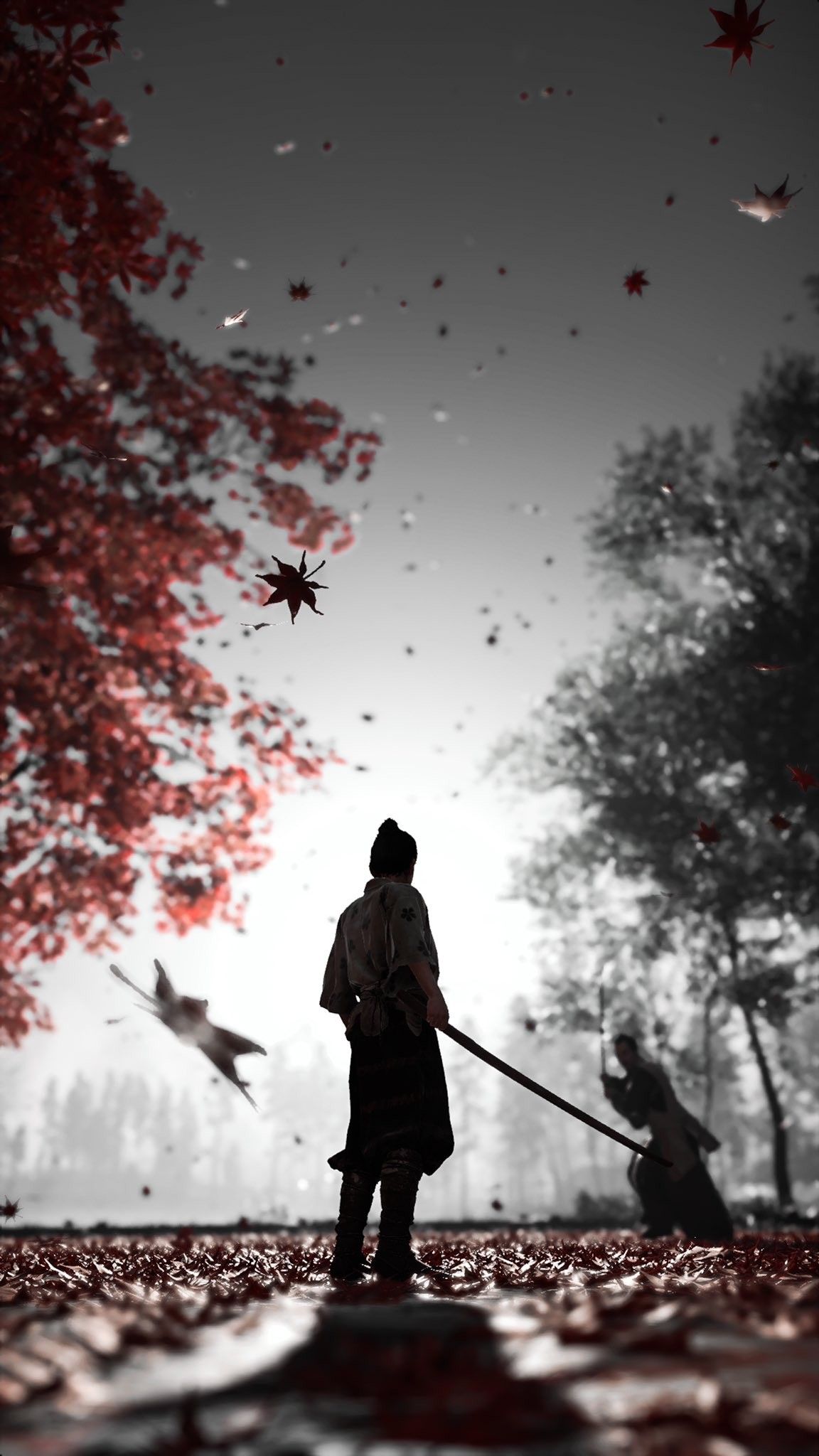 Samurai foglie rosse Ghost Tsushima, 1152x2048 Verticale, Mobile