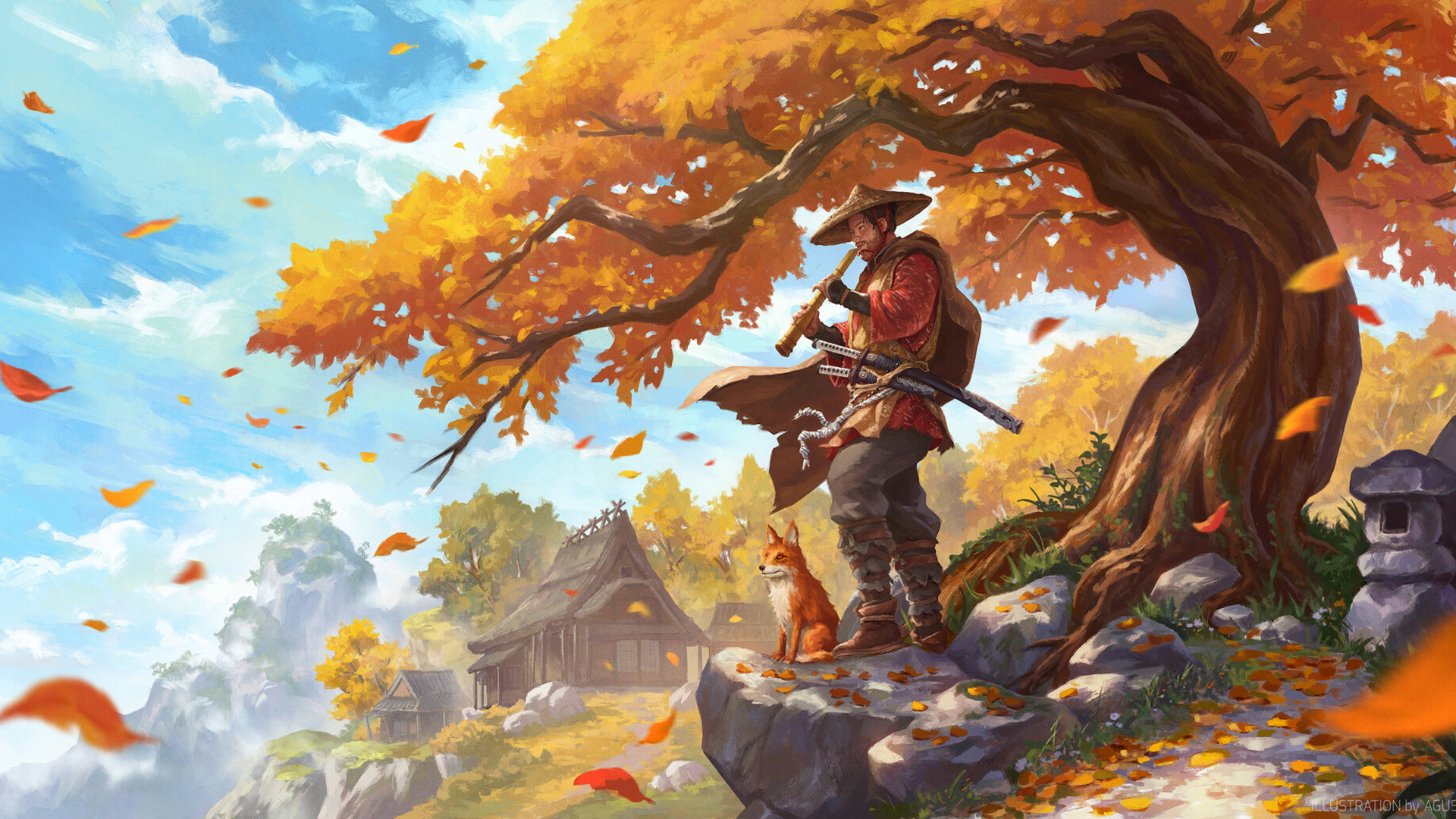 Jin Sakai sotto albero autunnale, 1920x1080 1080p, Desktop