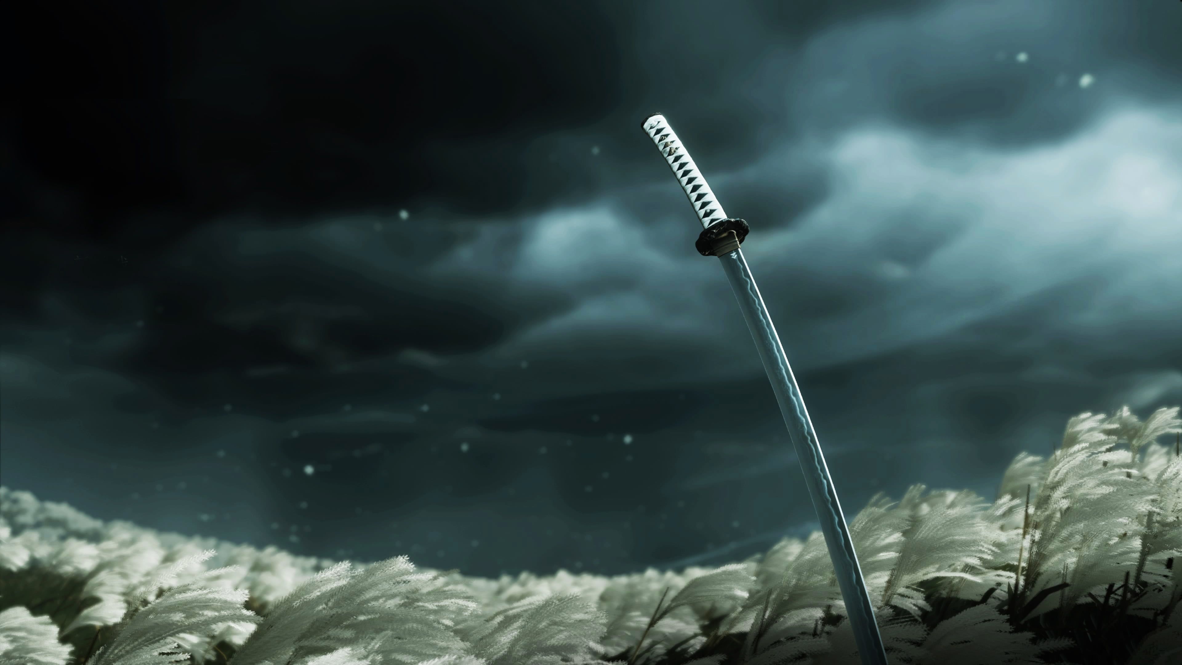 Katana in campo erba, nuvole, 3840x2160 4K, Desktop 4K