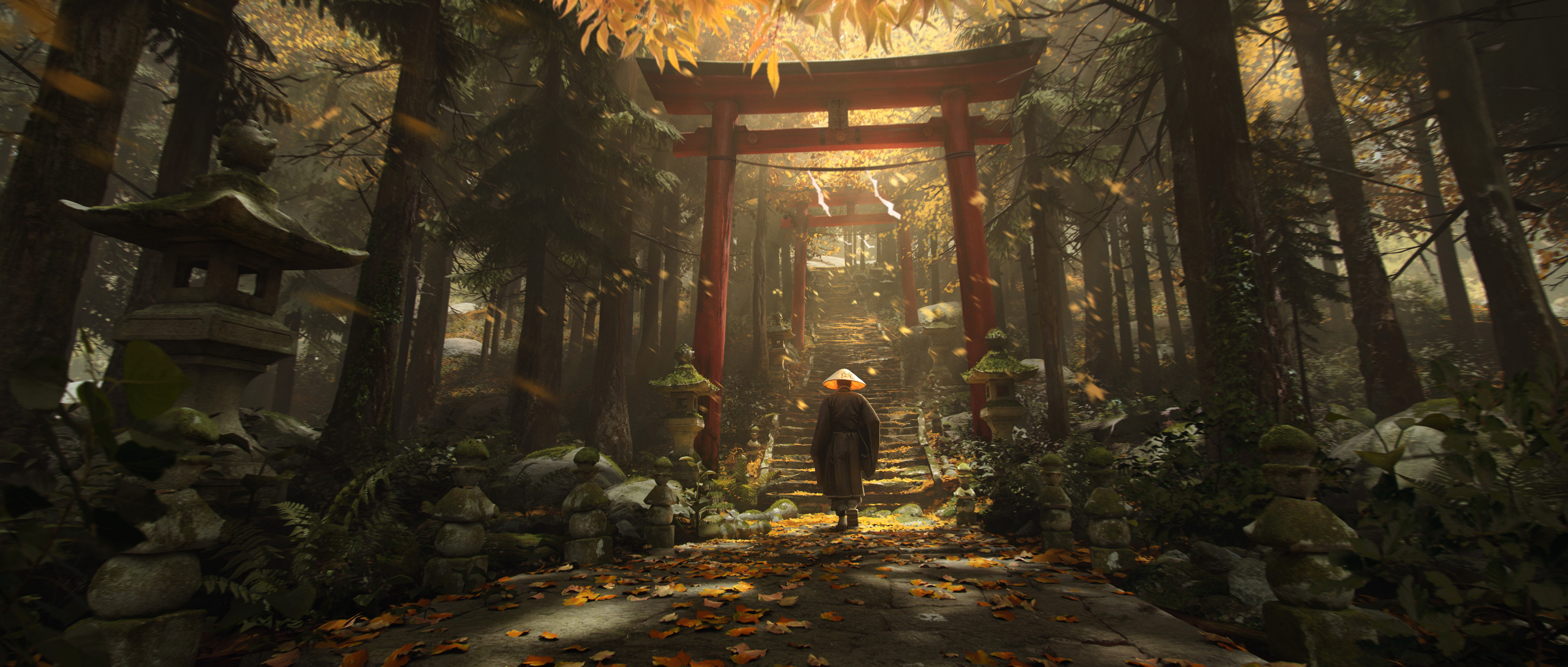 Samurai torii foresta Ghost of Tsushima, 3840x1634 Panoramico, Dual Screen