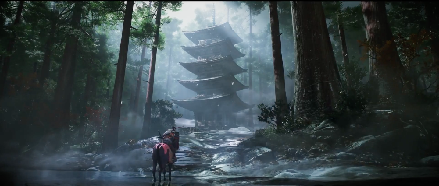 Samurai a cavallo, foresta, pagoda, 1440x611 21:9, Ultrawide