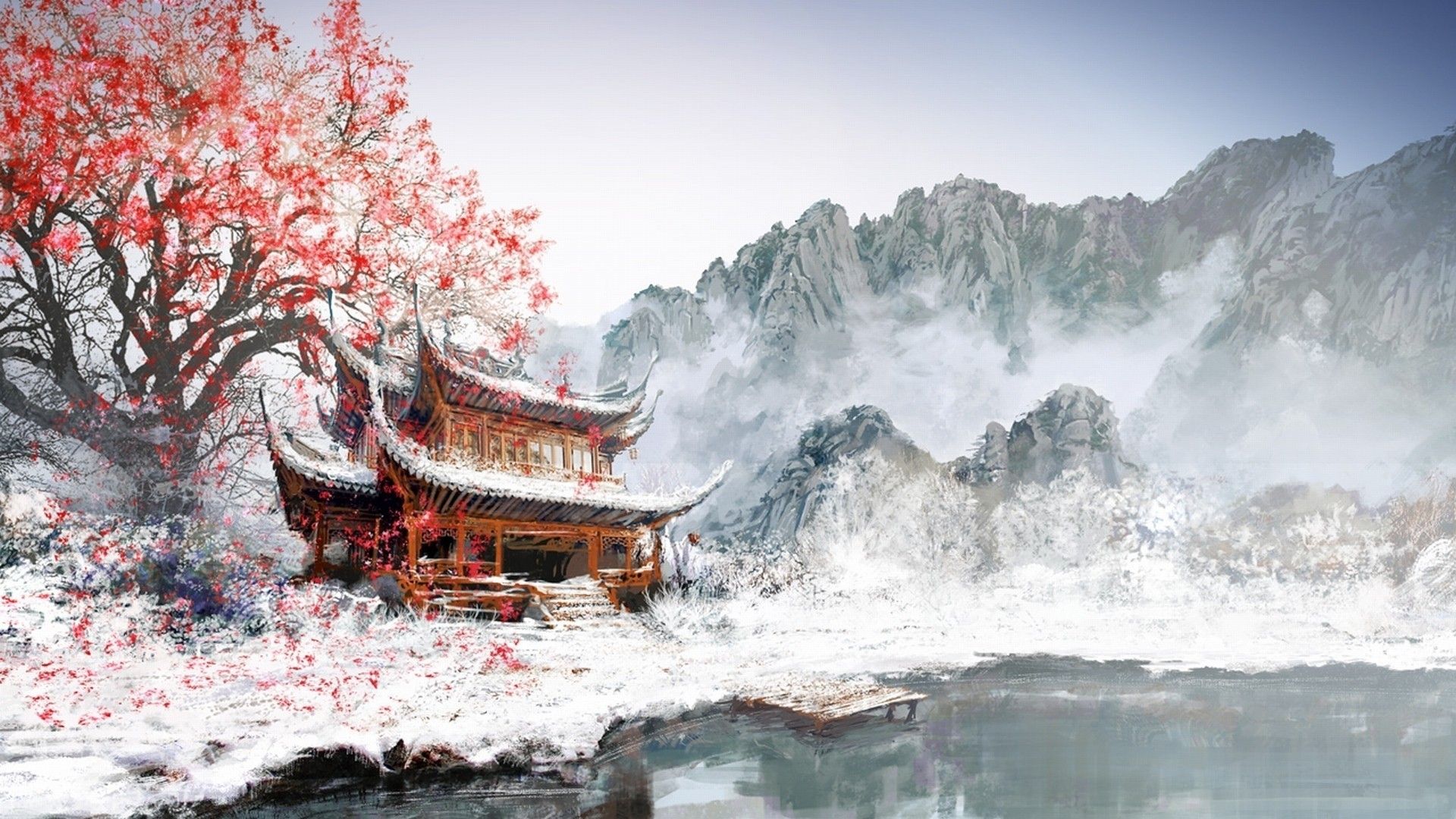 Pagoda giapponese neve montagne, 1920x1080 Full HD 1080p, Laptop
