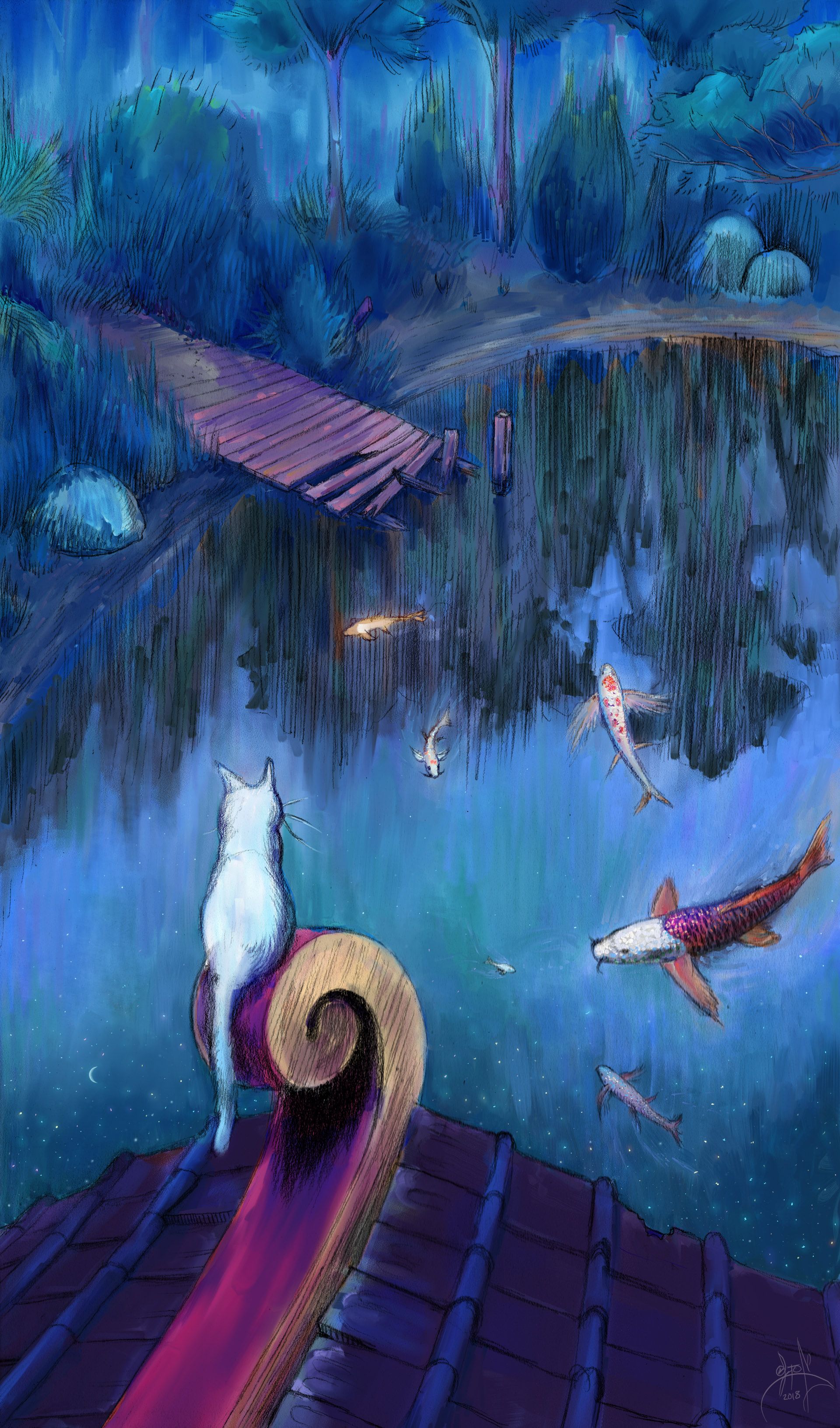 Gatto e pesci koi laghetto, 1920x3262 Verticale, Telefono