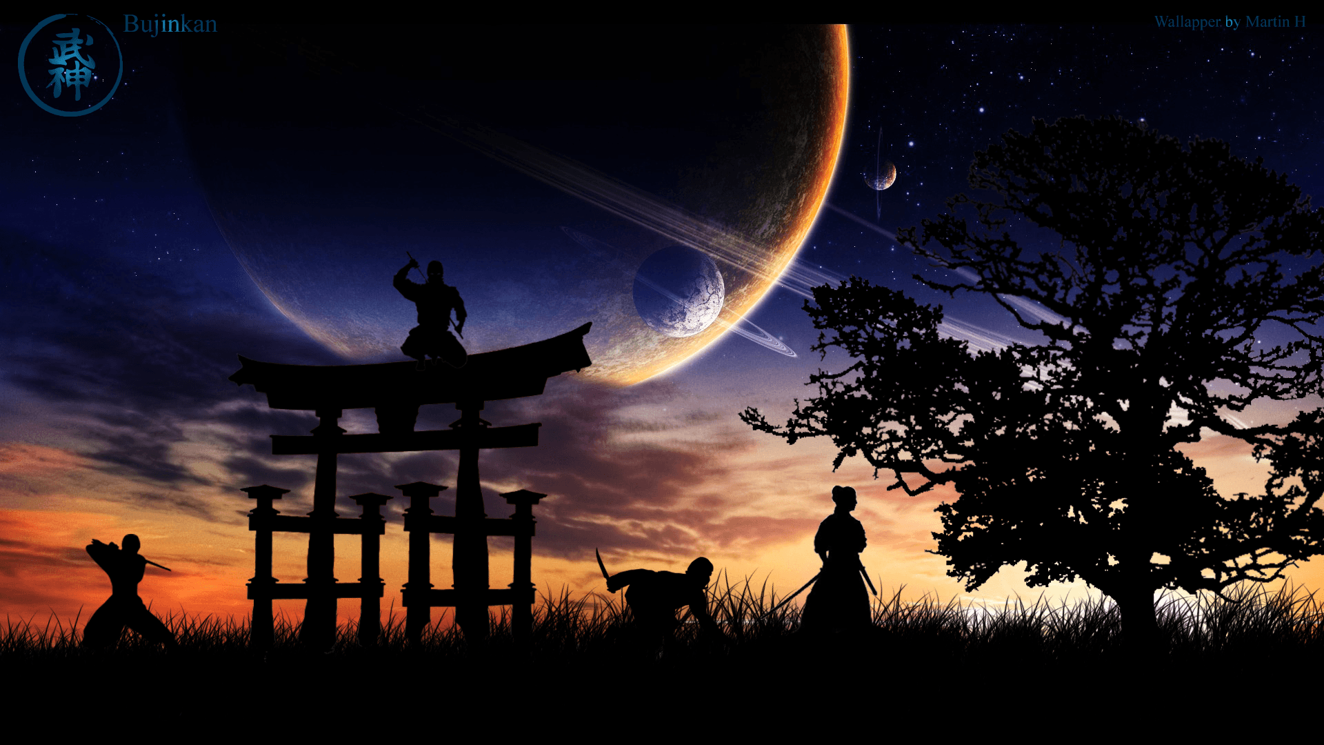 Torii silhouette samurai notte, 1920x1080 1080p, Desktop