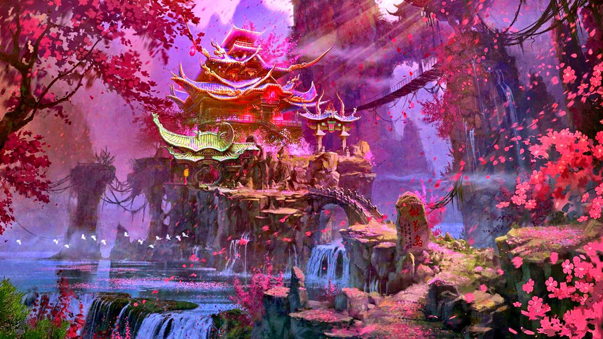 Tempio giapponese fantasy fiori, 1920x1080 Full HD 1080p, Desktop