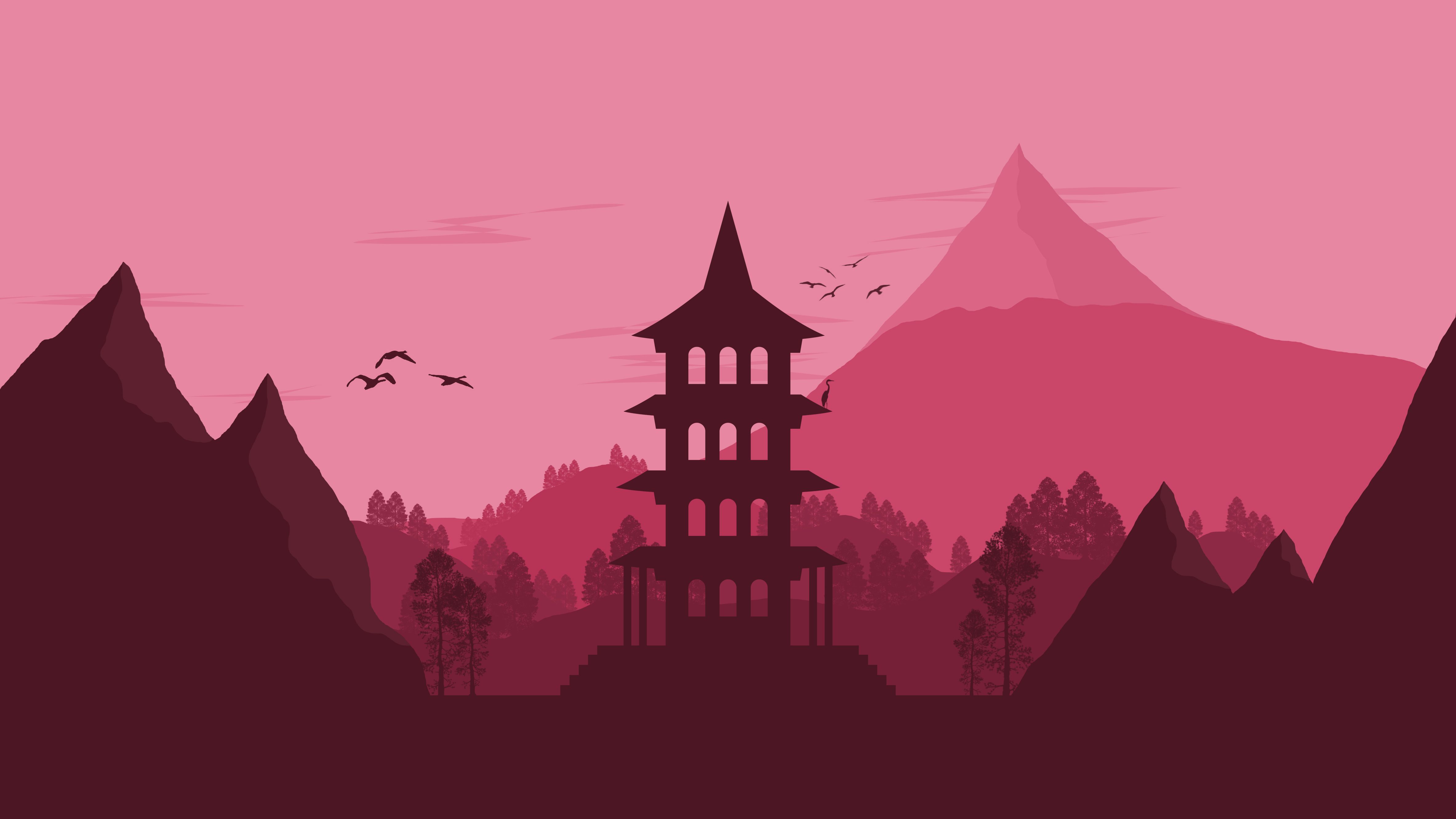 Pagoda giapponese minimalista rosa, 4732x2662 UHD, PC 4K
