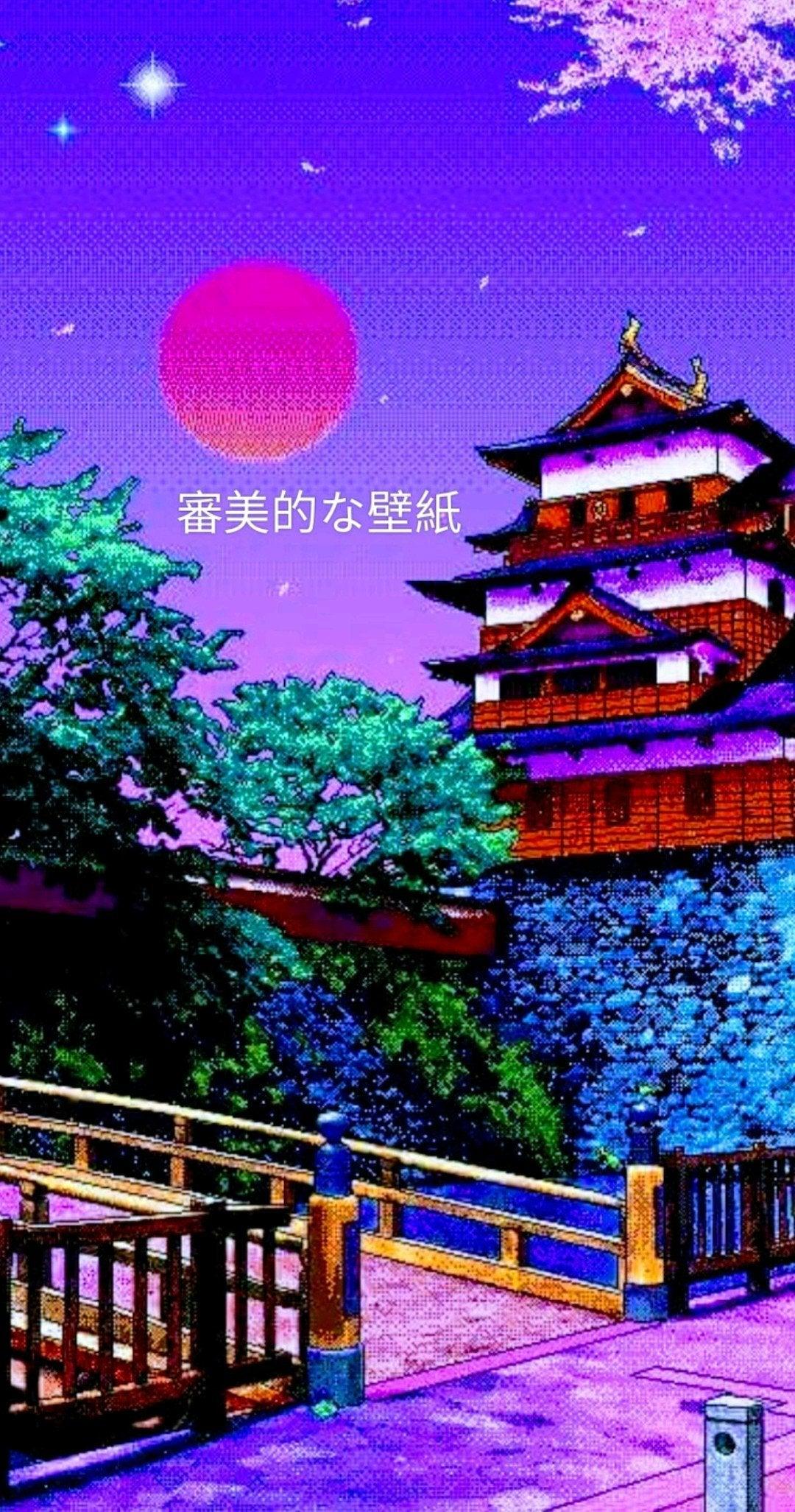 Castello giapponese al tramonto viola, 1080x2053 Full HD Verticale, Realme