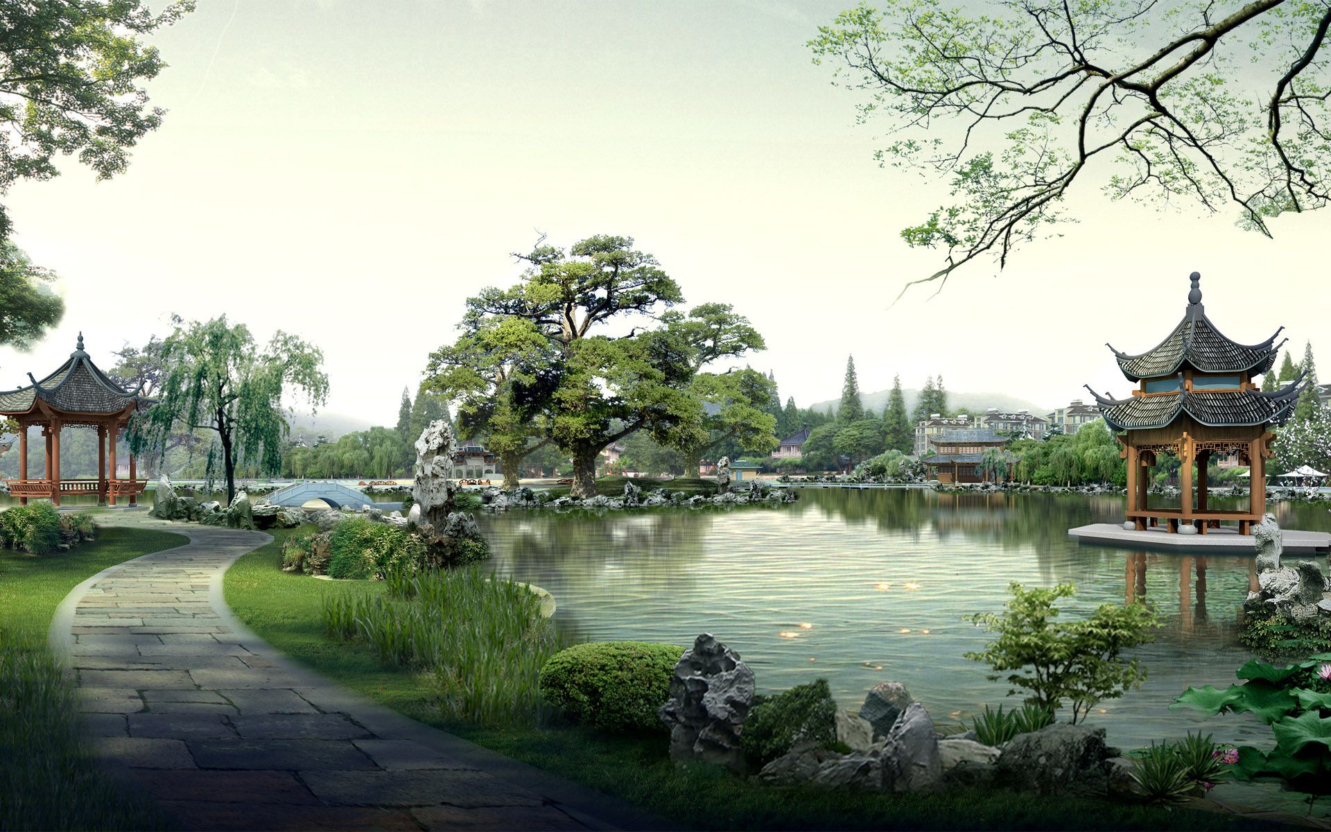 Giardino giapponese con laghetto, 1920x1200 WUXGA, Laptop