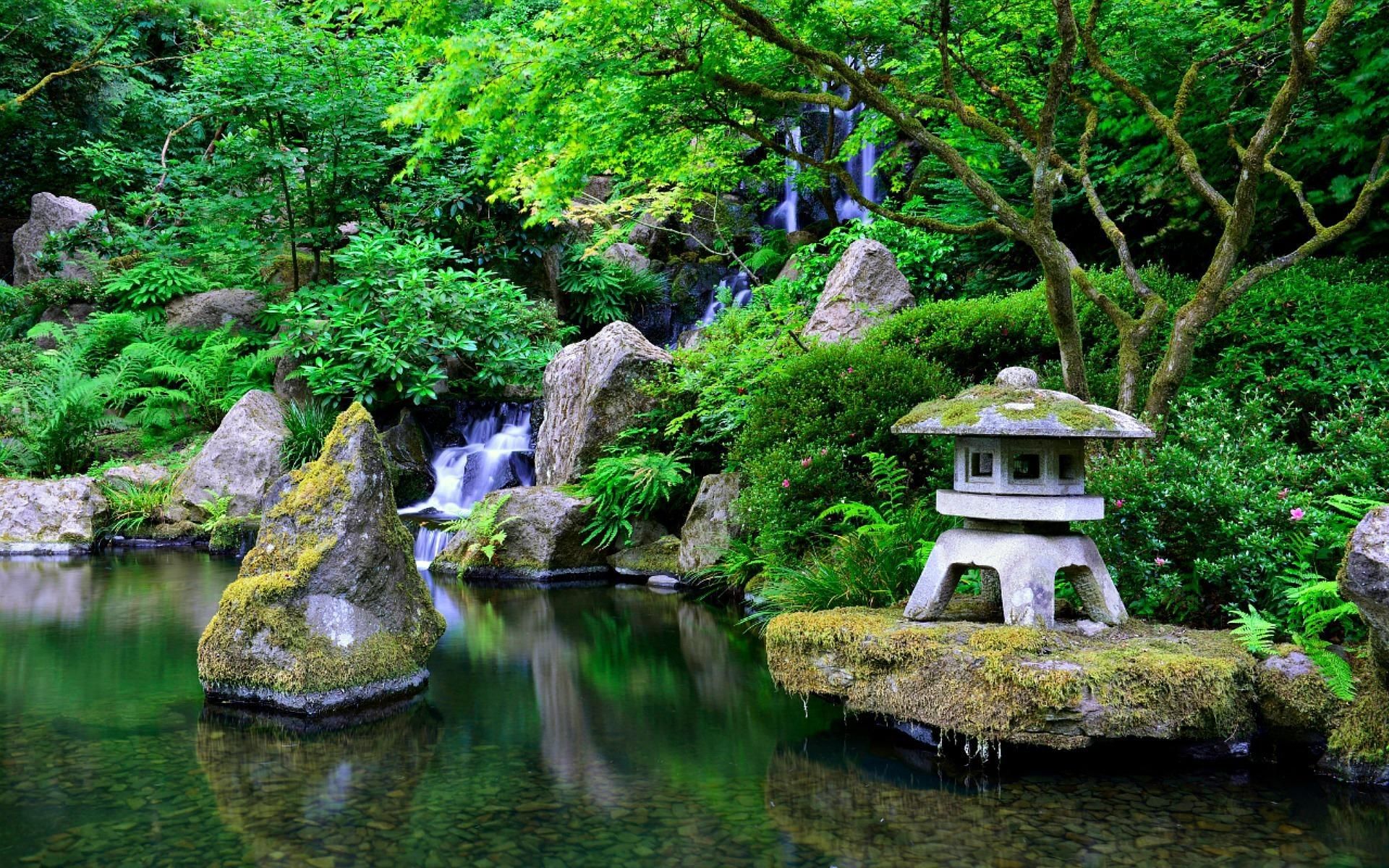 Giardino giapponese con lanterna e cascata, 1920x1200 Full HD+, PC Desktop
