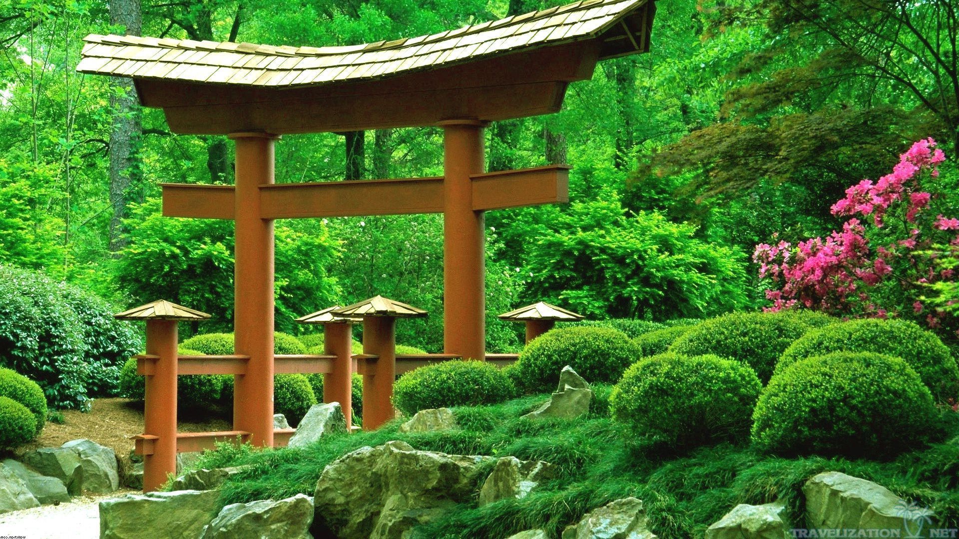 Torii giardino giapponese verde, 1920x1080 Full HD, PC Desktop