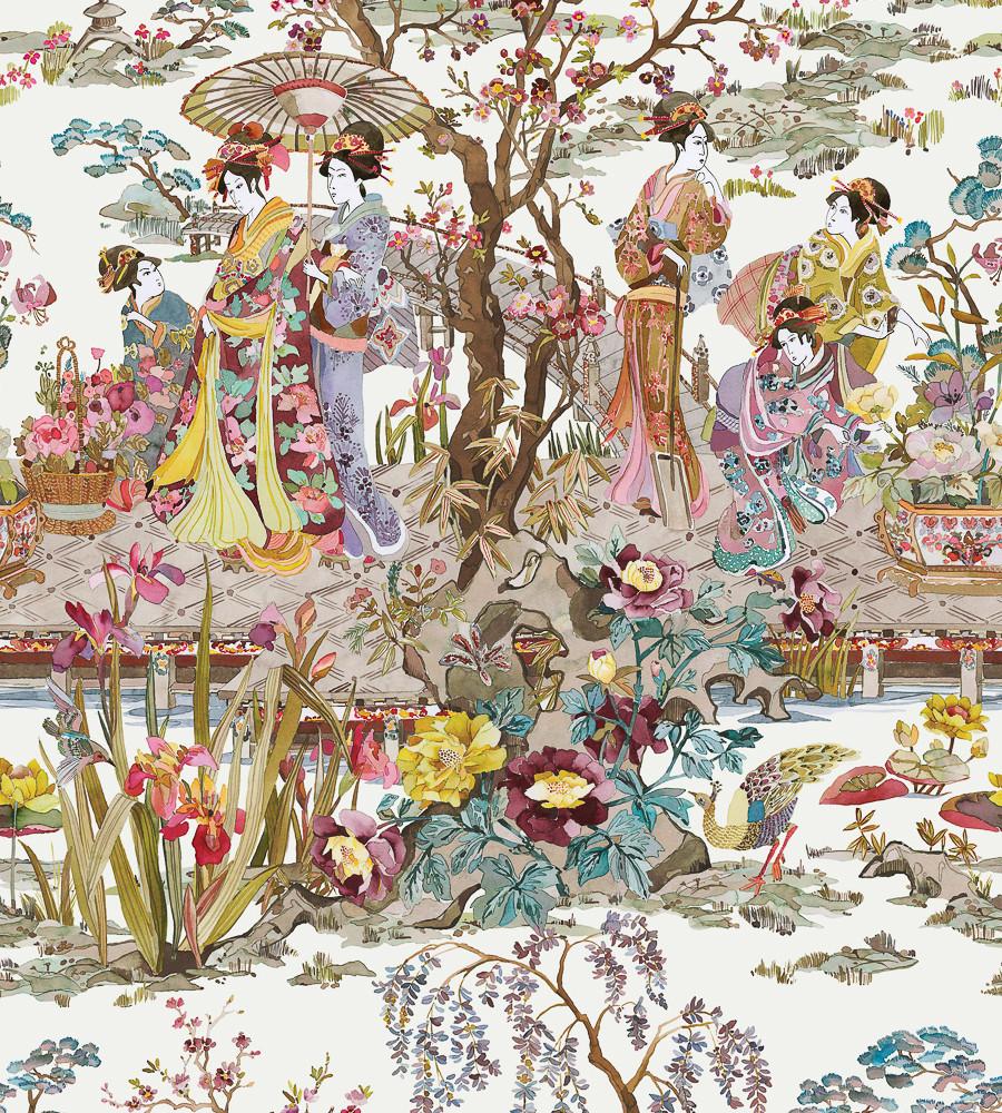 Giardino giapponese con figure in kimono, 900x1000 Full HD Verticale, Smartphone