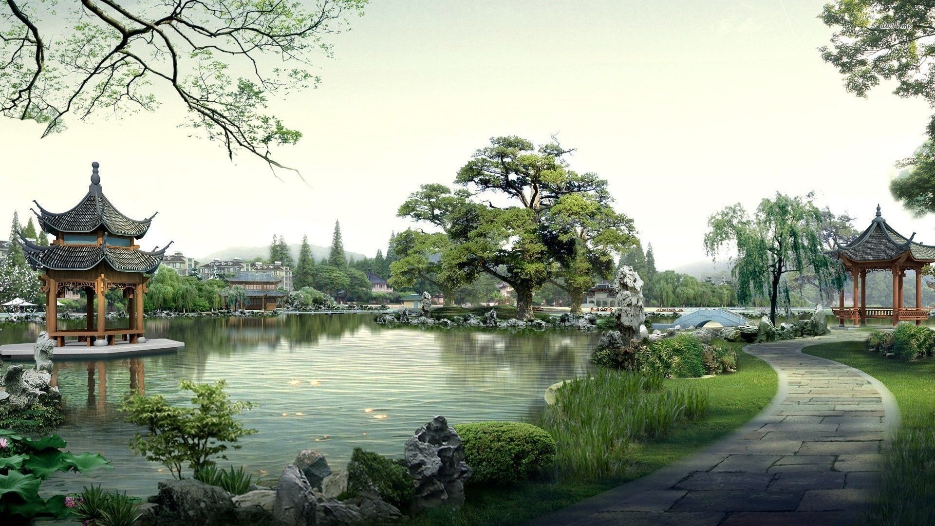 Giardino giapponese con laghetto, 1920x1080 Full HD 1080p, PC Desktop
