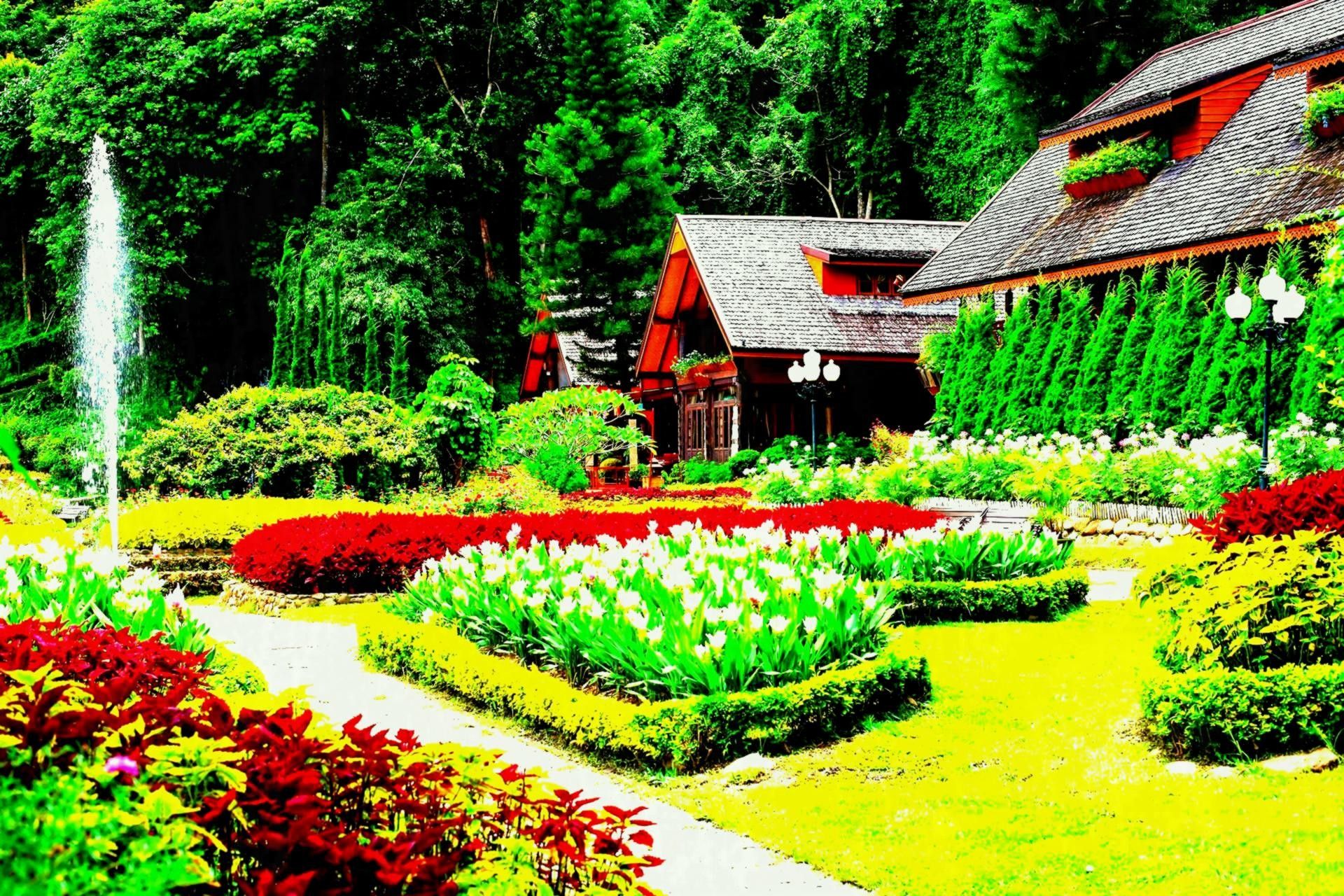 Giardino fiorito con fontana, 1920x1280 Full HD+ WUXGA, Laptop