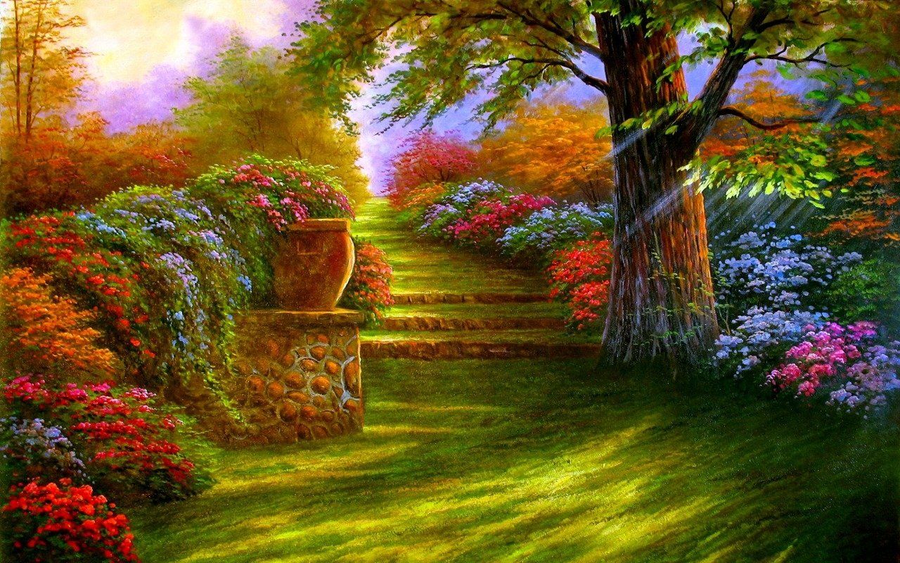 Giardino fiorito con scalinata, 1280x800 720p, Laptop