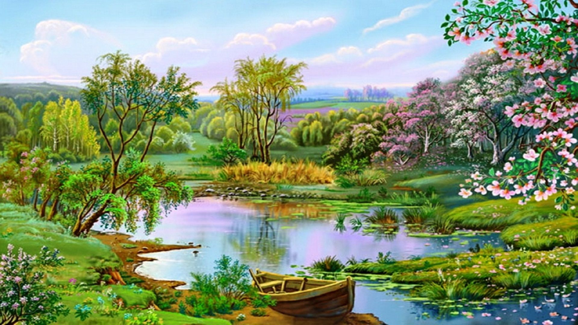 Giardino con laghetto e barca, 1920x1080 Full HD, PC Desktop
