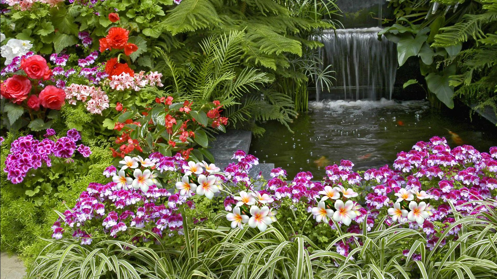 Giardino fiorito con cascata, 1920x1080 Full HD, Desktop