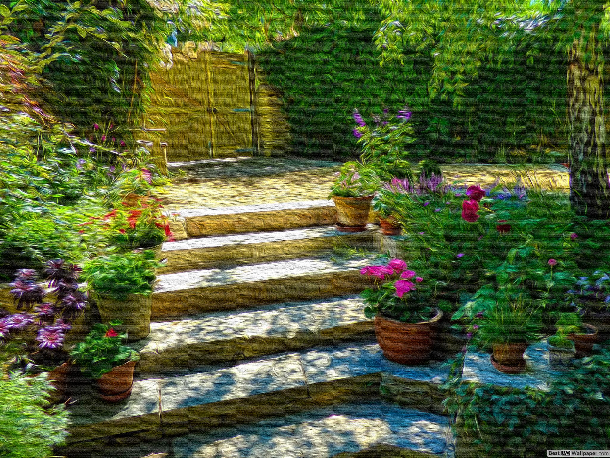 Scalinata giardino con vasi fiori, 2048x1536 2K, Desktop