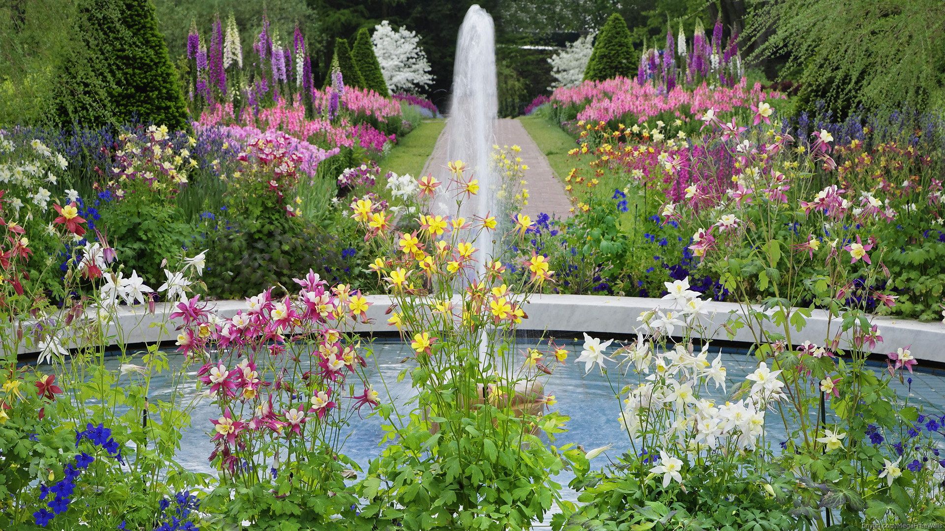 Giardino con fontana e fiori, 1920x1080 1080p, PC