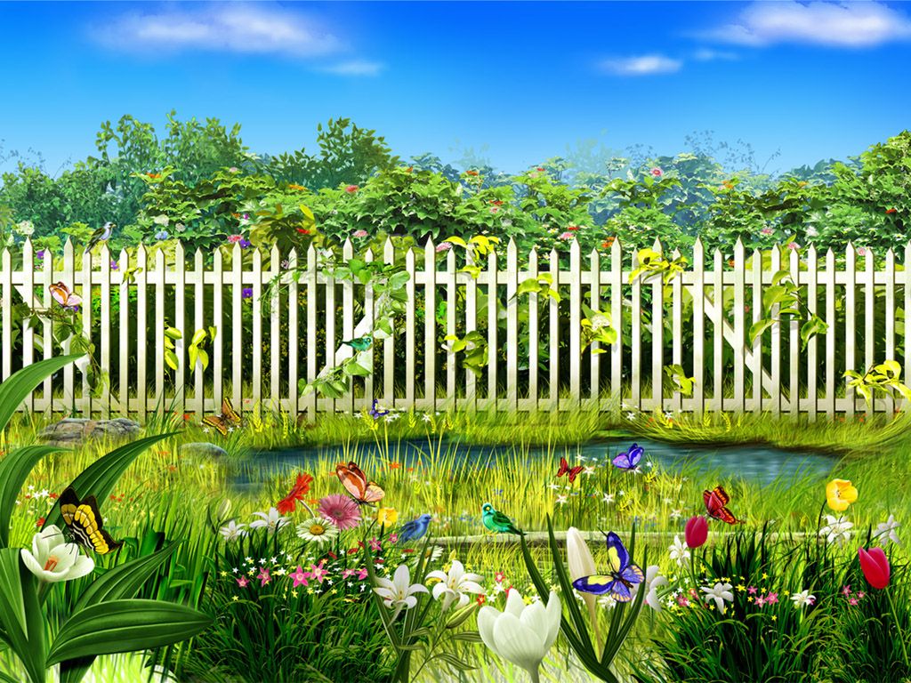 Giardino con recinzione bianca e farfalle, 1024x768 HD, Laptop