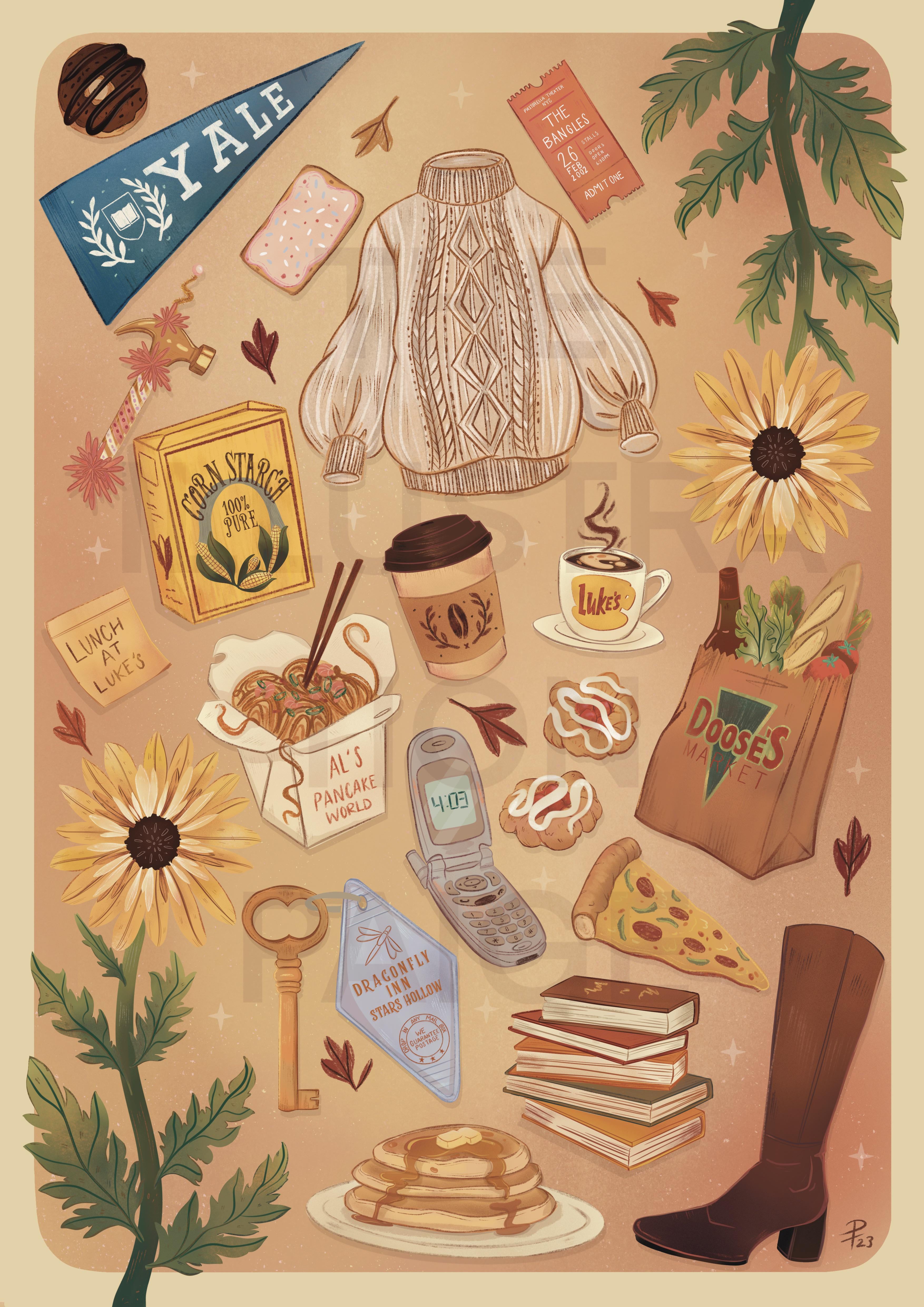 Collage illustrato Gilmore Girls autunno, 3508x4961 Verticale, Telefono