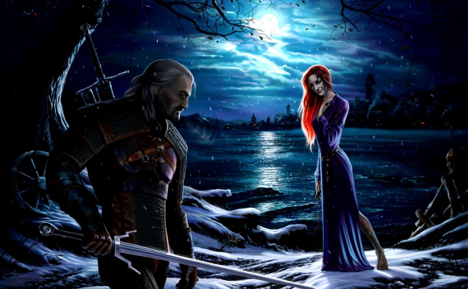 Geralt e donna rossa, notte, 1528x945 720p, Laptop