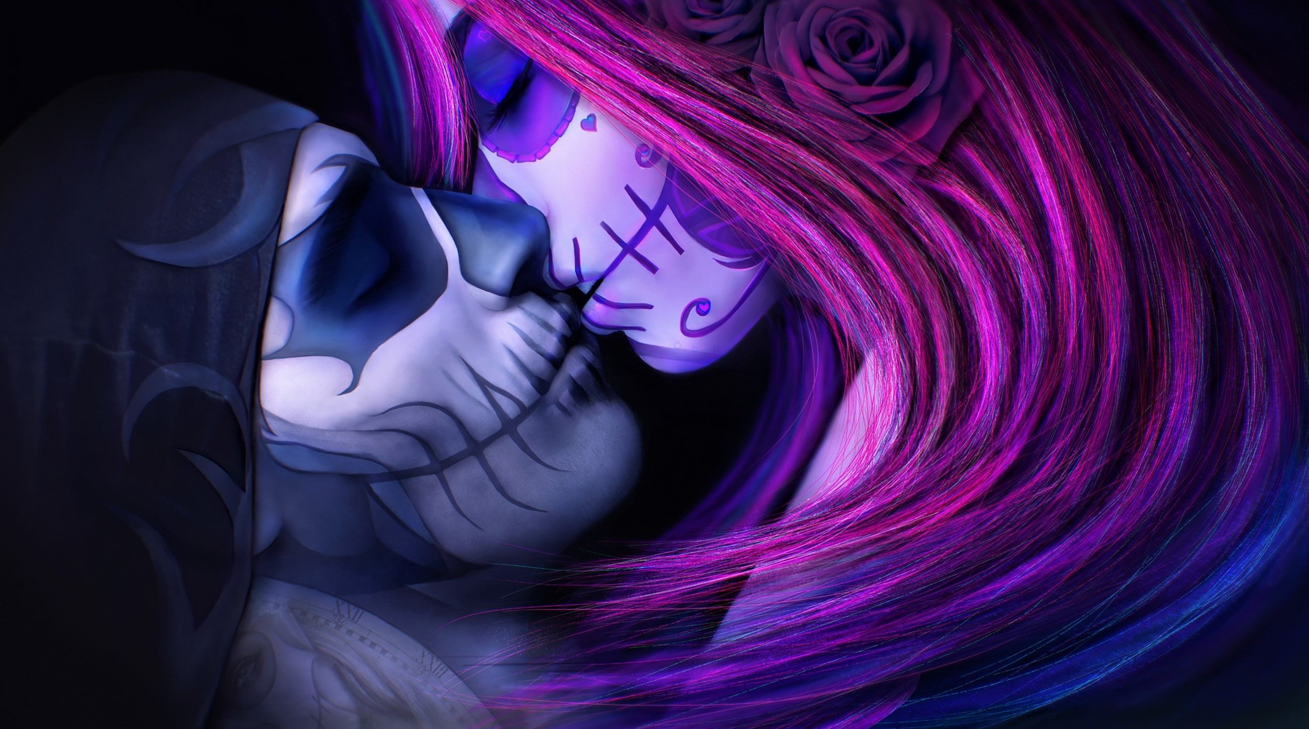 Teschio con ragazza capelli rosa, 2592x1443 2K, Desktop