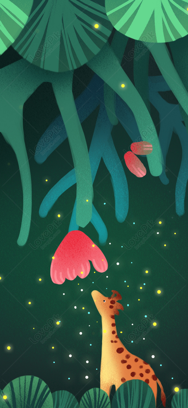 Giraffa cartoon sotto foglie verdi, 650x1407 Full HD Verticale, iPhone