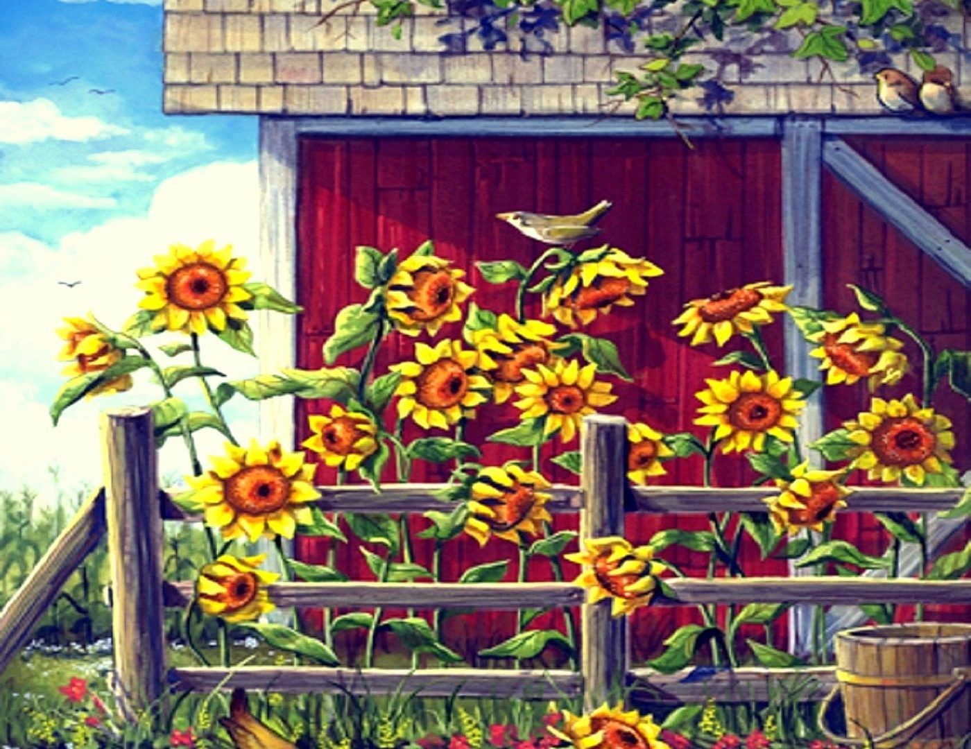 Girasoli con fienile rosso e uccellino, 1400x1080 720p, Laptop