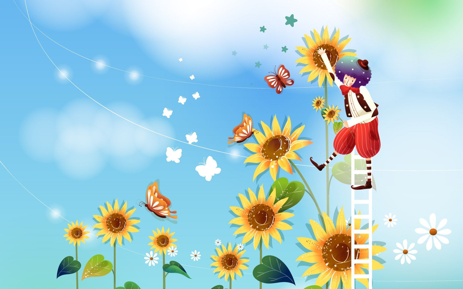 Bambina scala girasoli cartoon, 1920x1200 Full HD+, PC Desktop