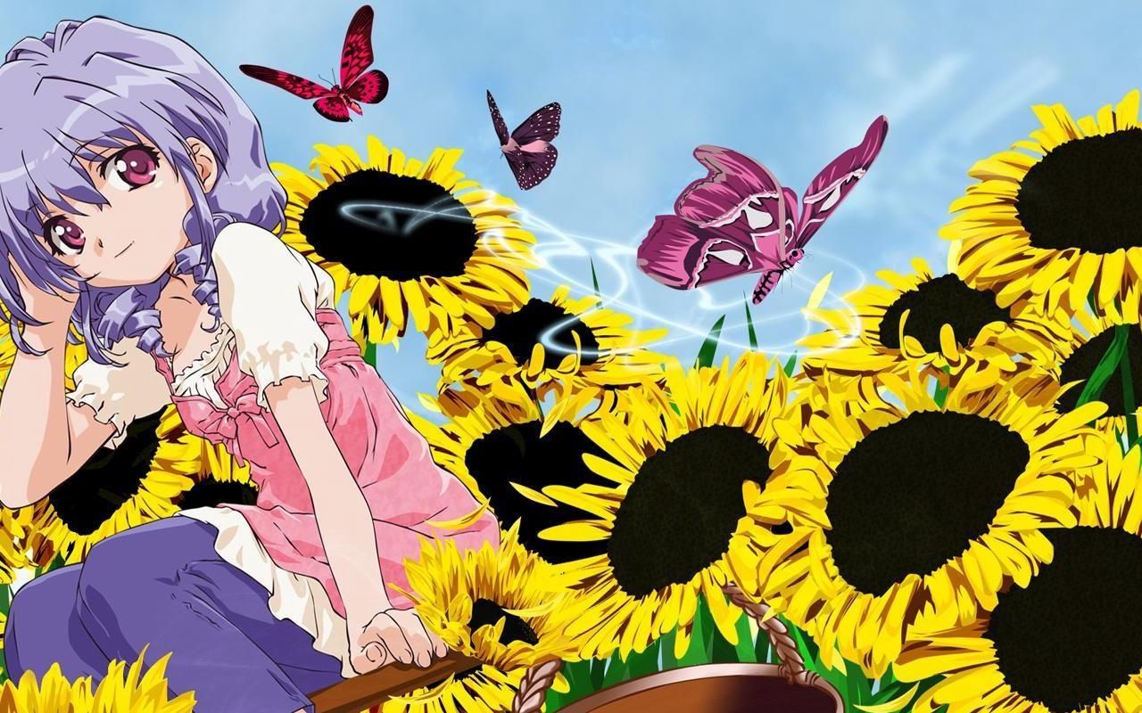 Ragazza anime tra girasoli e farfalle, 1280x800 HD, Desktop