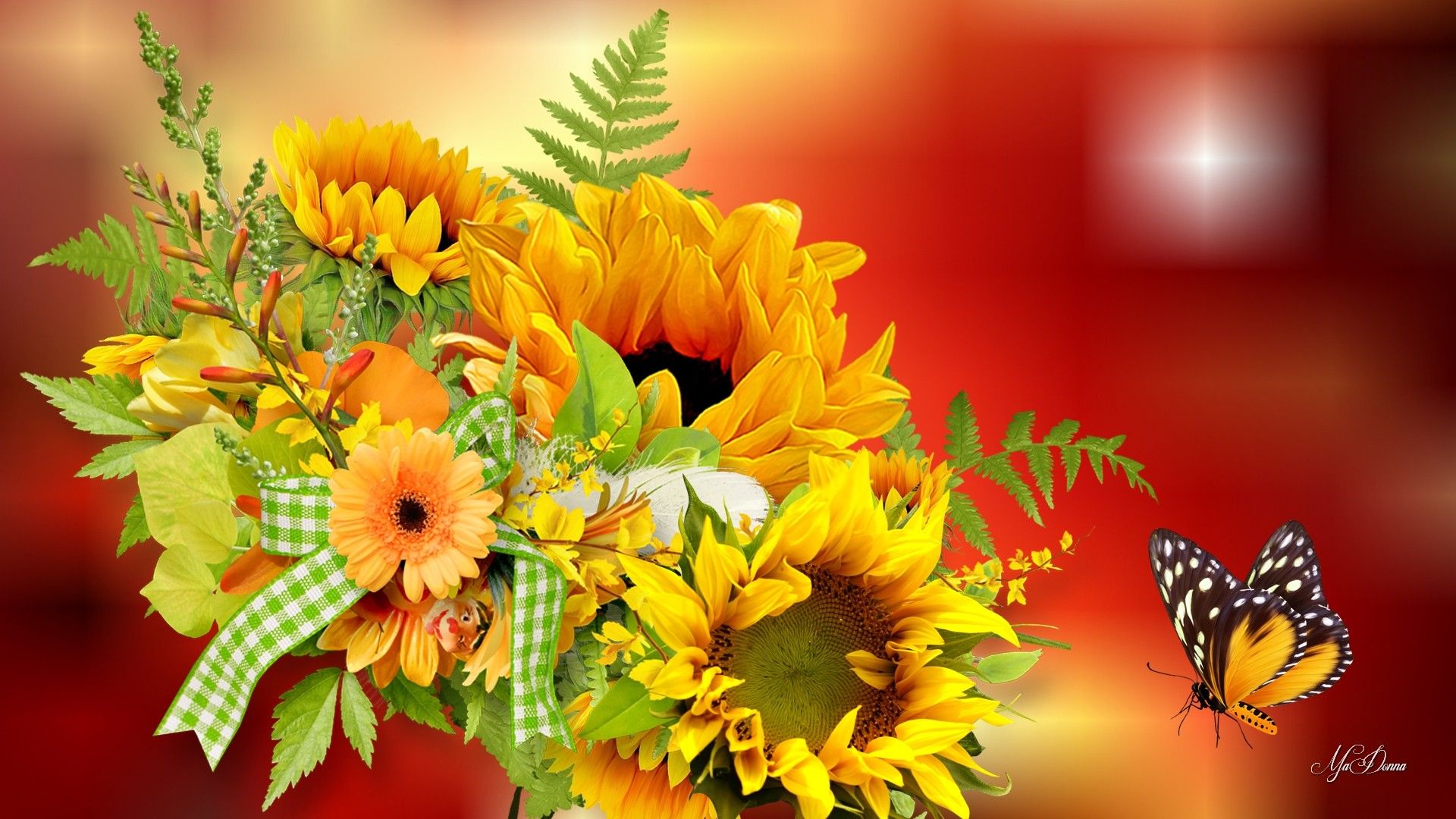 Girasoli e farfalla su rosso, 1920x1080 1080p, Laptop