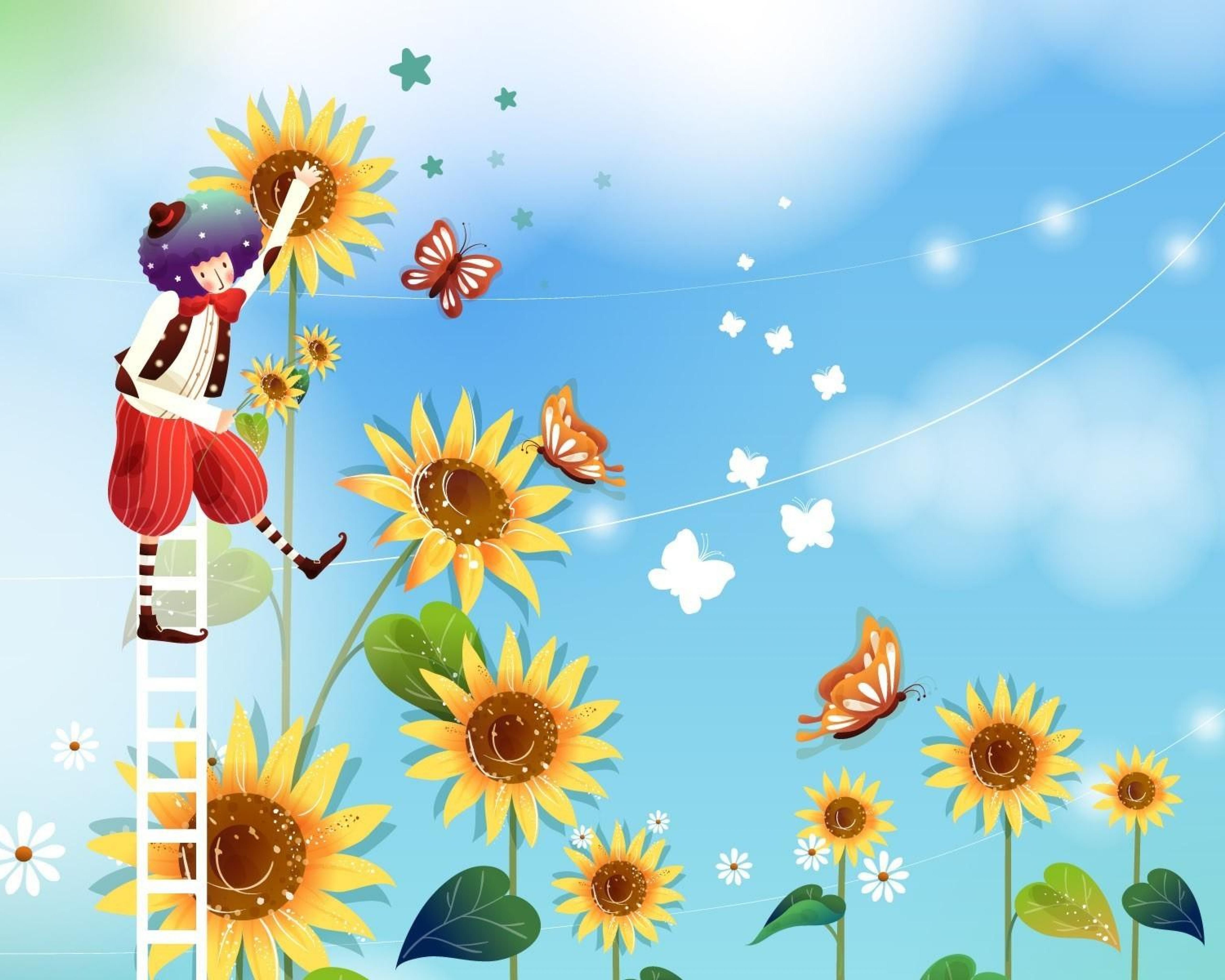Bambino su scala con girasoli, 5120x4096 Ultra HD, Monitor 4K