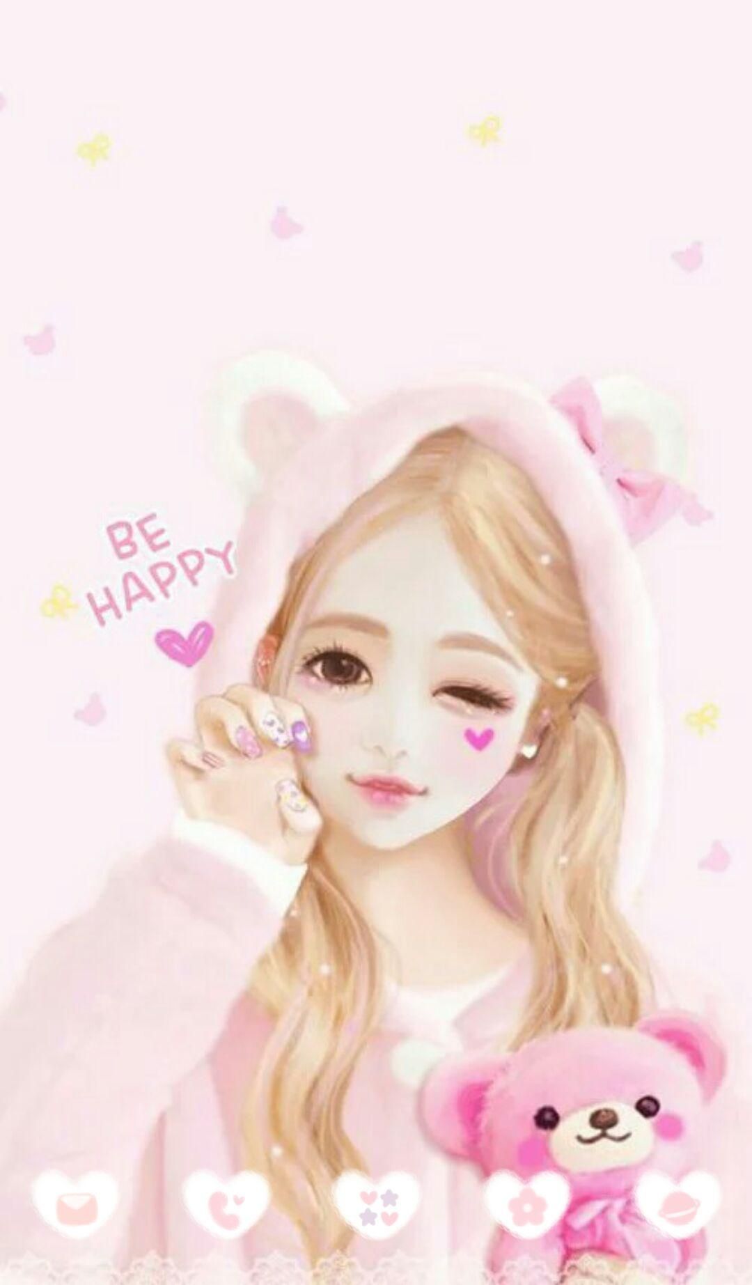 Ragazza cartoon rosa con orsetto, 1080x1845 Verticale, Telefono