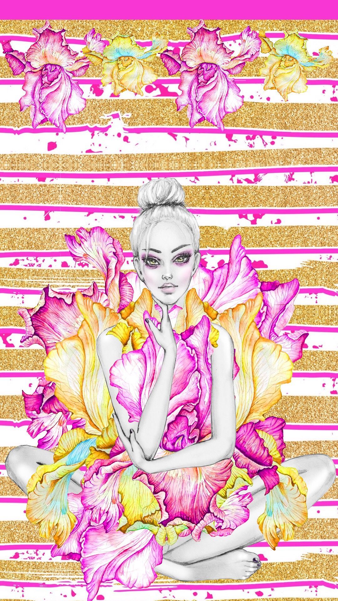 Ragazza illustrata fiori rosa, 1080x1920 Full HD Verticale, Smartphone