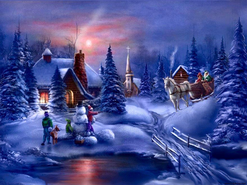 Slitta natalizia nella neve notturna, 1024x768 HD, Desktop