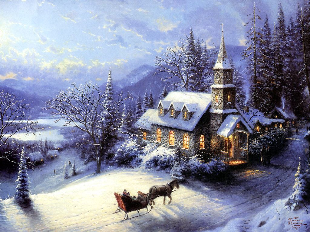 Chiesa innevata con slitta natalizia, 1024x768 HD, Desktop