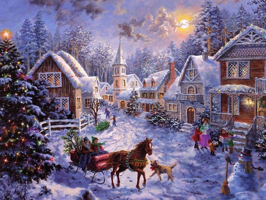 Villaggio innevato con slitta, 1024x768 HD, Desktop