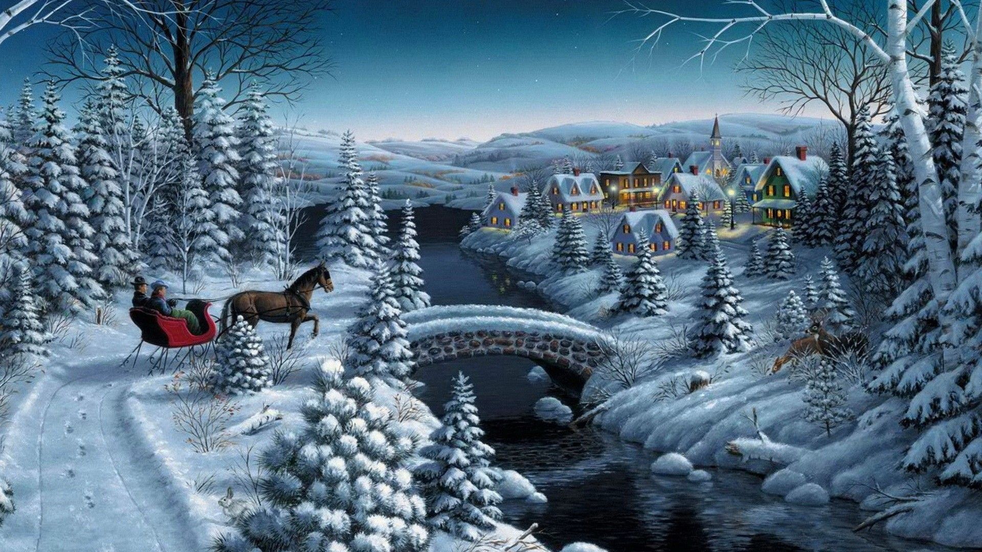 Slitta natalizia villaggio innevato, 1920x1080 Full HD 1080p, PC Desktop