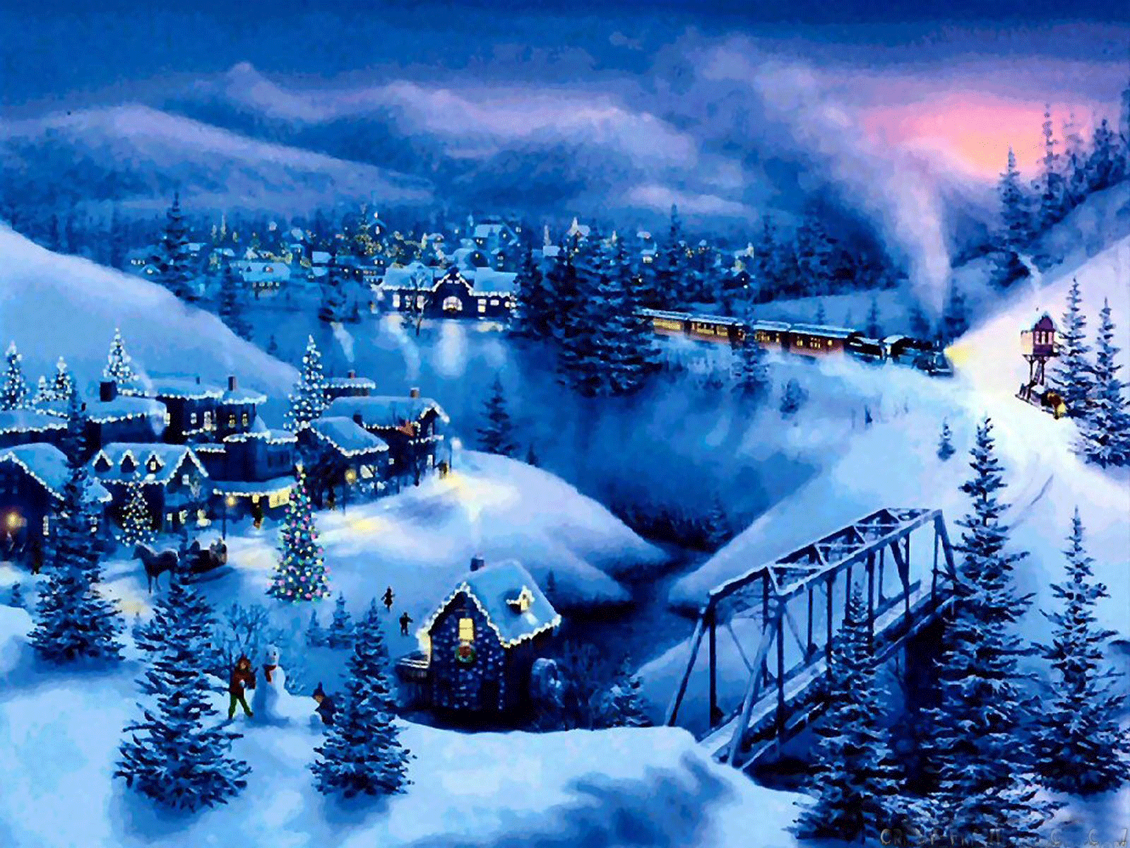 Villaggio natalizio innevato con treno, 1600x1200 900p, Laptop