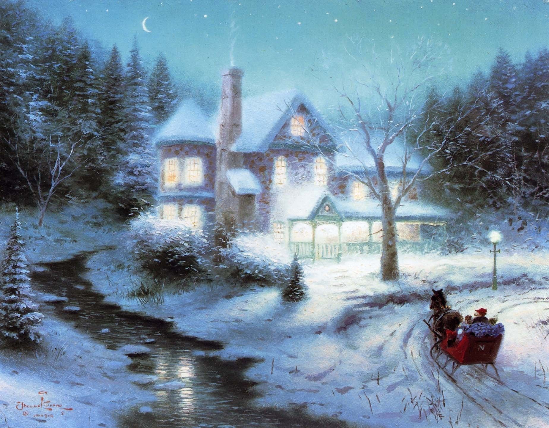 Slitta natalizia casa innevata notte, 1848x1440 HD Ready, Laptop