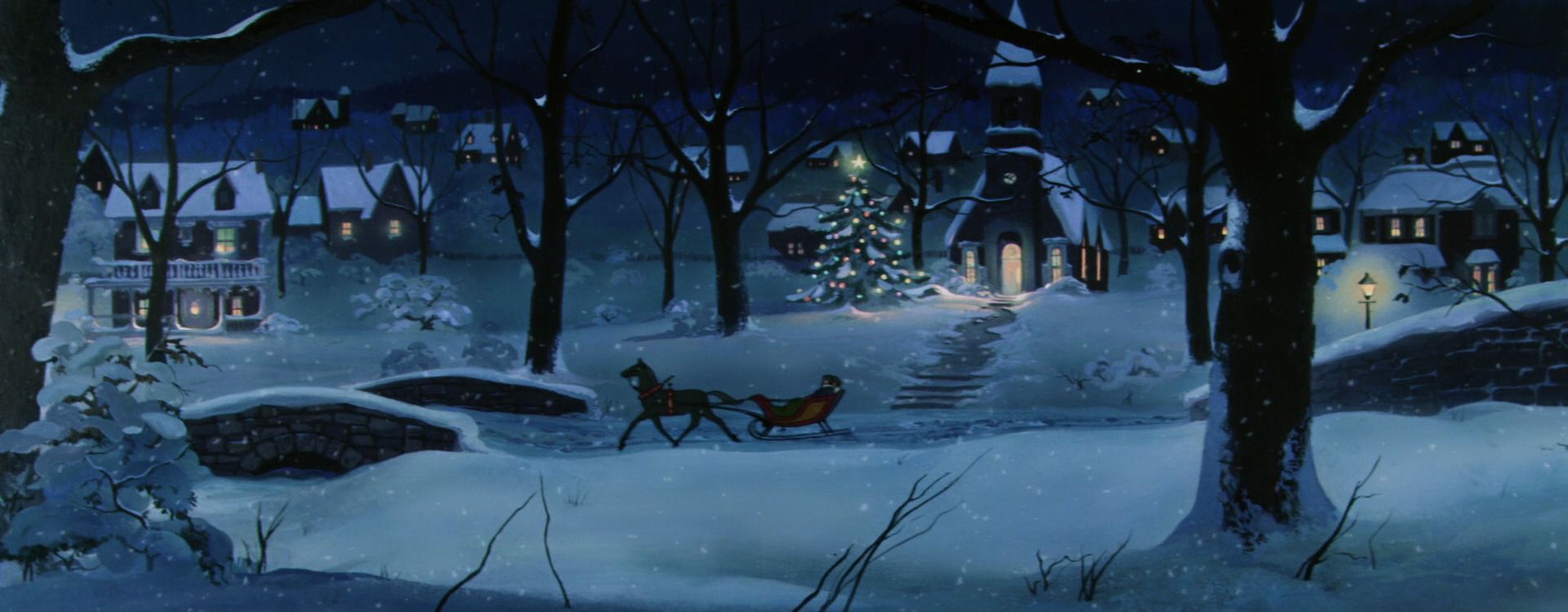 Slitta natalizia villaggio innevato notte, 1920x750 Panoramico, Dual Screen