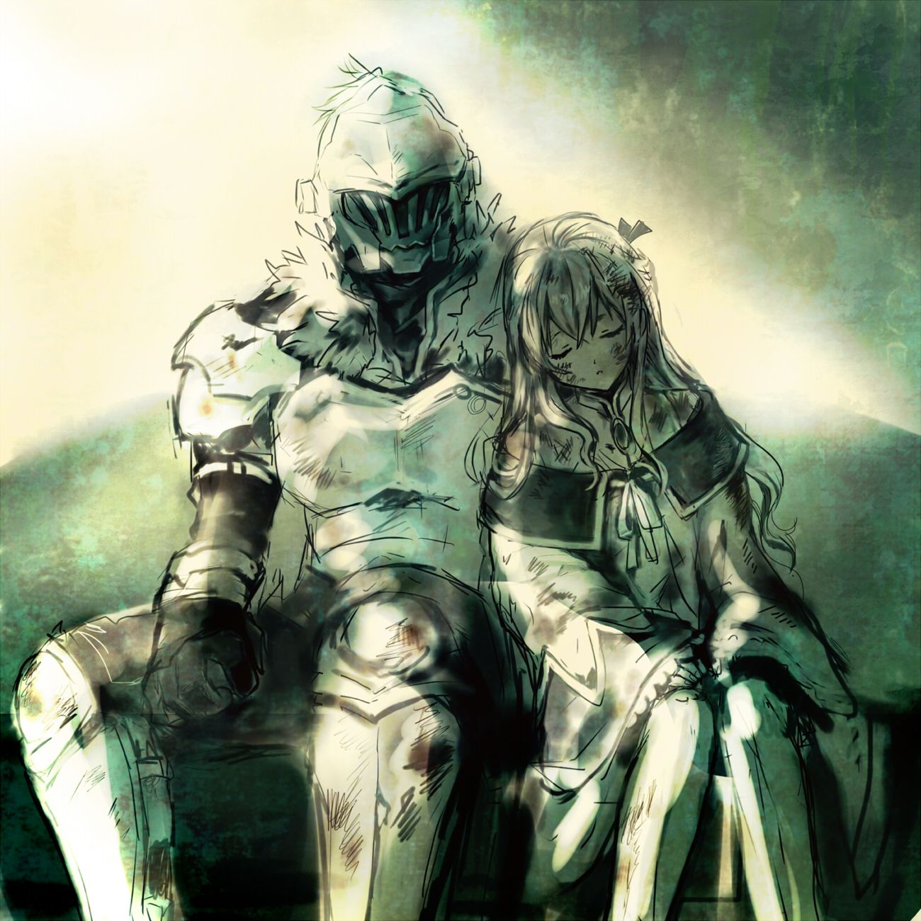 Goblin Slayer e Priestess seduti, 1300x1300 720p, PC
