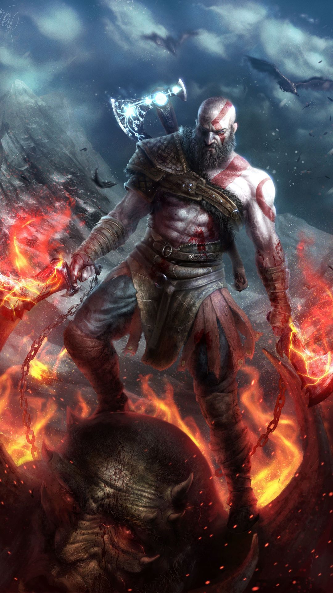 Kratos con ascia infuocata, 1080x1920 Full HD Verticale, iPhone